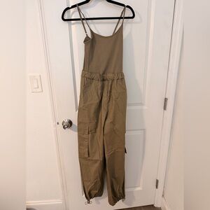 Mango Utility Jumpsuit Tan Ribbed Top Cargo Style Size Small